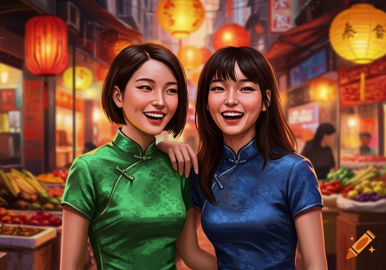 Two smiling young women in green and blue traditional Chinese dresses stand in a vibrant, lantern-lit market street, illustrated art style.