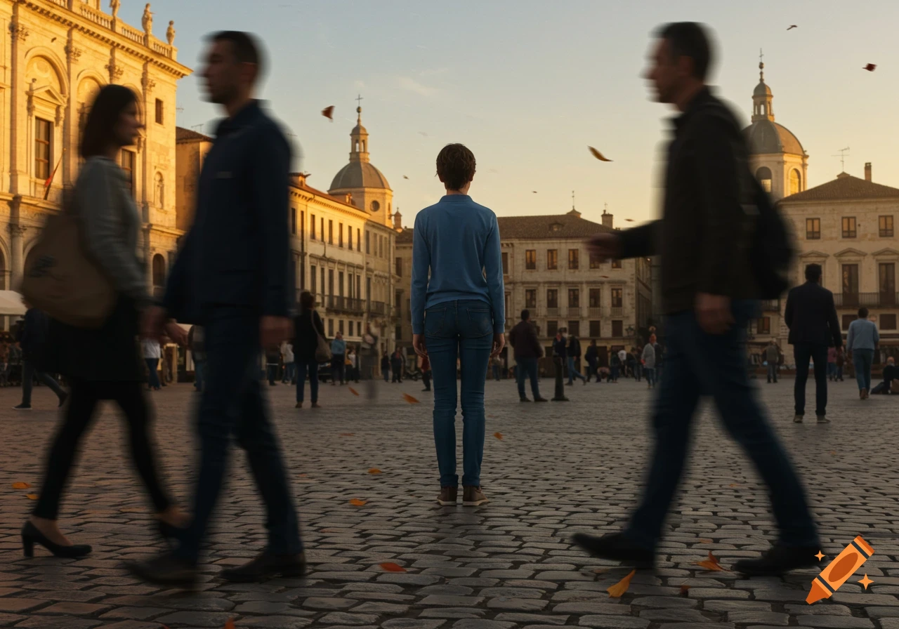Photorealistic image of a person standing alone in a bustling European-style city square at sunset with motion-blurred pedestrians.