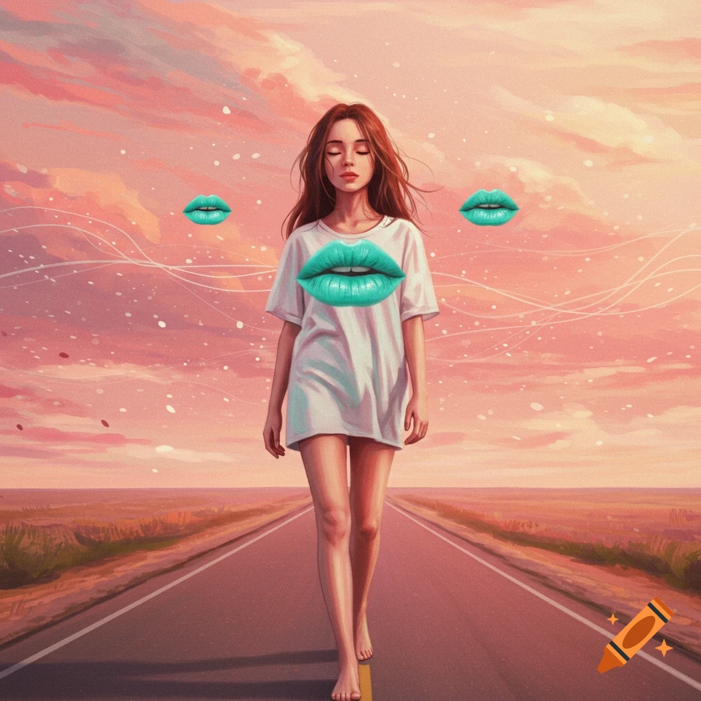 Digital painting of a young woman with closed eyes walking barefoot on a desert road under a pink sky, with turquoise lips floating around her.