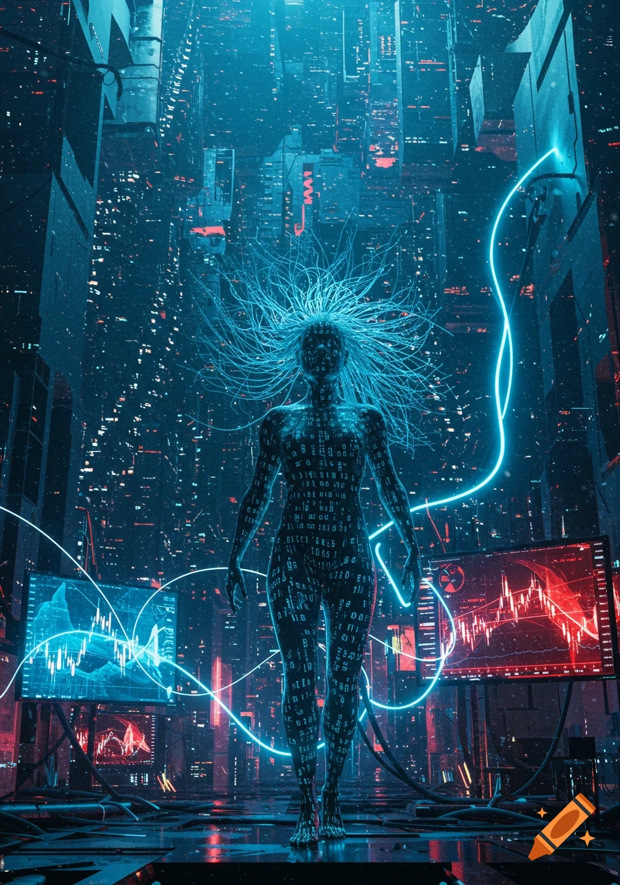 A stylized humanoid figure made of data stands in a neon-lit cyberpunk city, surrounded by digital screens and glowing wires, digital art.