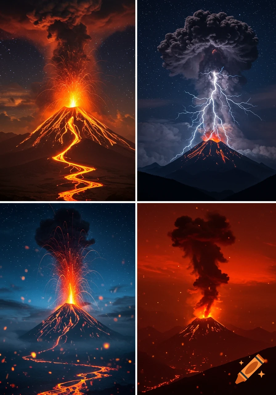 A four-panel image shows different explosive volcanic eruptions at night, with lava flows, ash clouds, lightning, and fiery plumes.