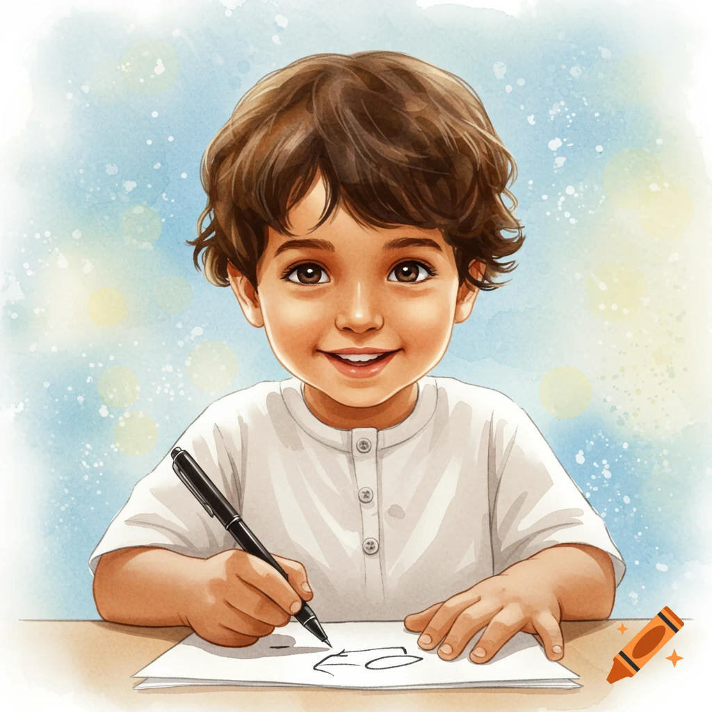 A happy Arab boy with brown curly hair, in a white shirt, drawing on paper with a pen in a watercolor style.