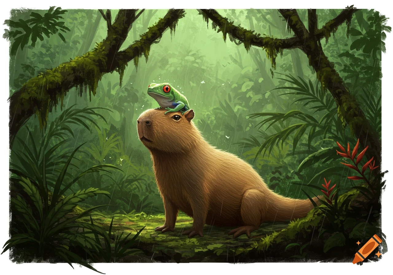 A capybara sits in a lush green rainforest with a bright green red-eyed tree frog perched on its head during rainfall.