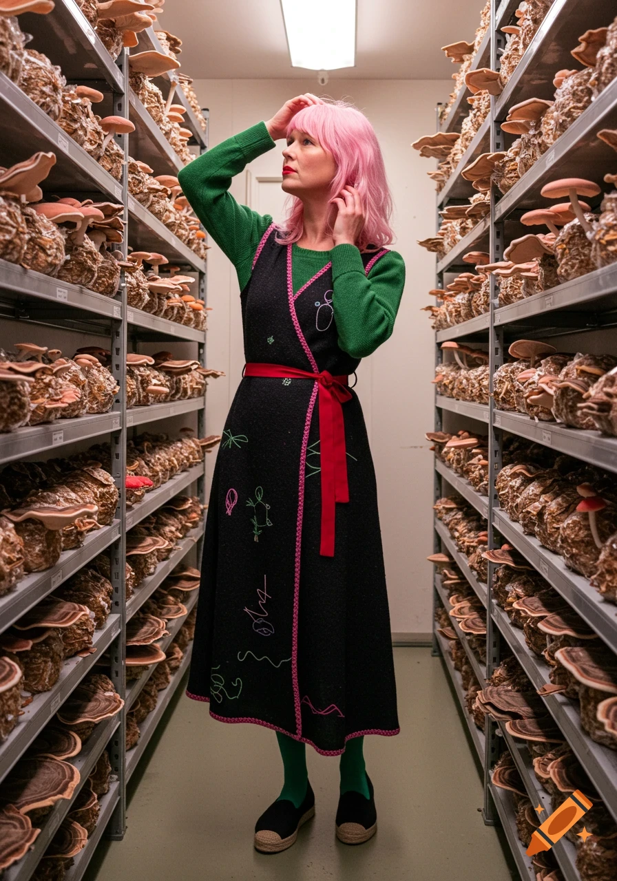 A woman with pink hair, a green sweater, and a black wrap dress stands in a mushroom cultivation room, surrounded by shelves of mushrooms.