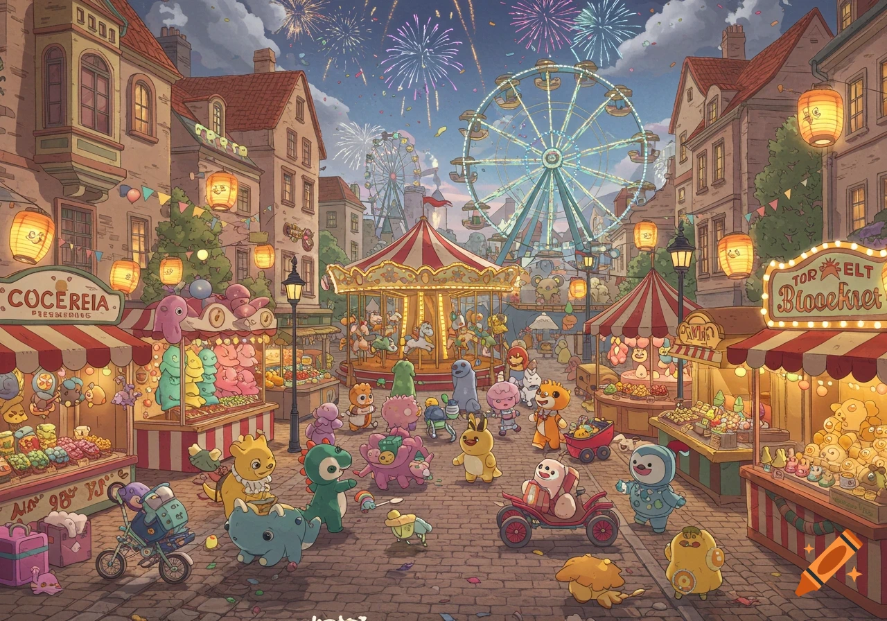 A vibrant cartoon carnival at night with fireworks, a Ferris wheel, carousel, market stalls, and numerous cute, colorful monster characters playing.