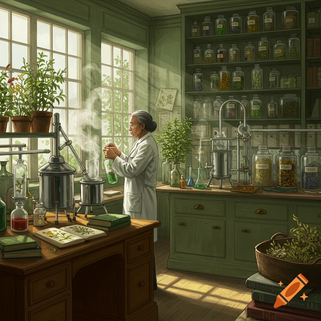 An elderly woman in a white lab coat works in a sunlit vintage herbal medicine laboratory, surrounded by plants, glass beakers, and jars of ingredients.