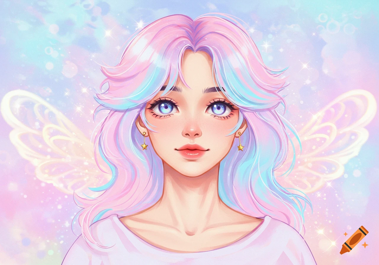 Anime-style portrait of a person with long pastel pink and blue hair, bright blue eyes, and sparkling fairy wings on a dreamy pastel background.
