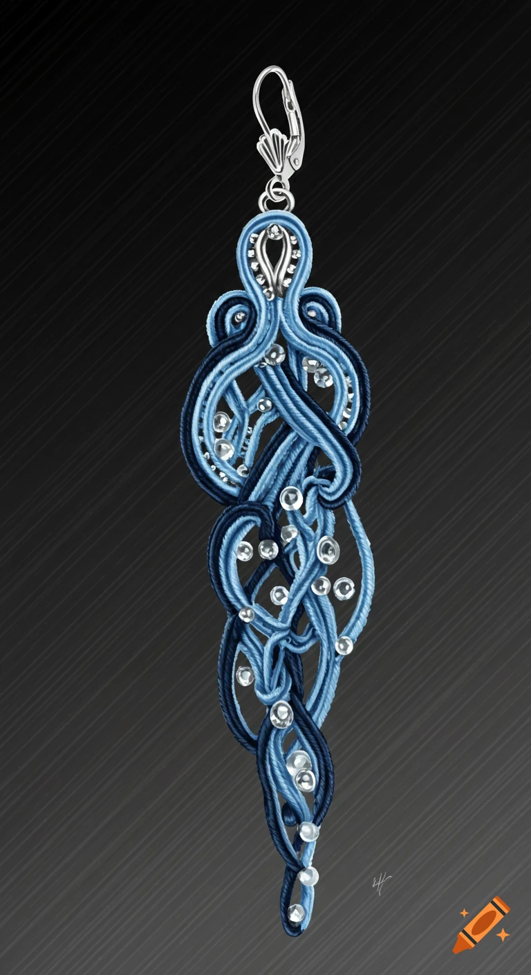 An intricate blue thread earring with clear beads and a silver hook, against a dark, textured background.