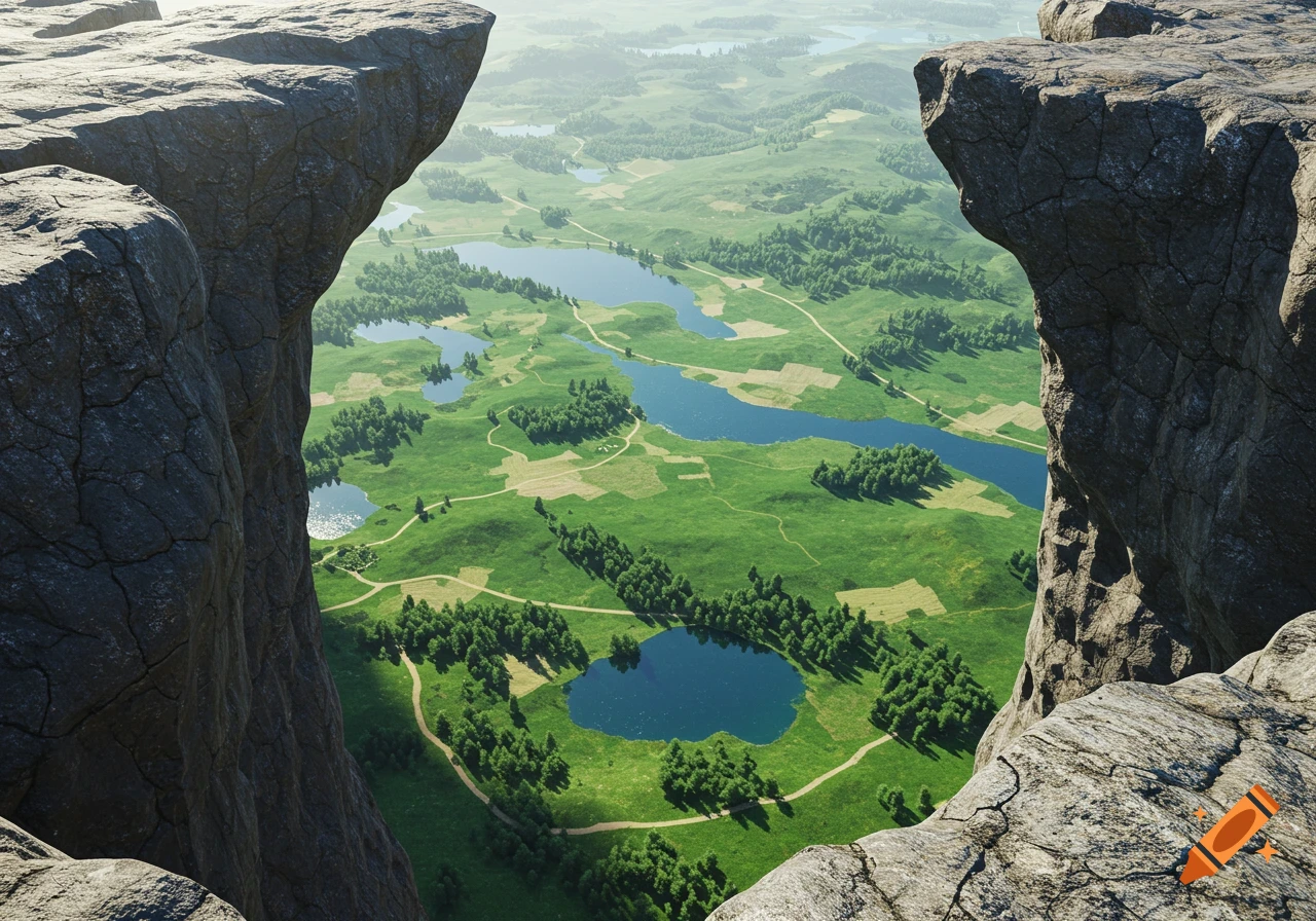 Ultra-realistic aerial view from a rocky cliff overlooking a vast green valley with lakes and winding roads.