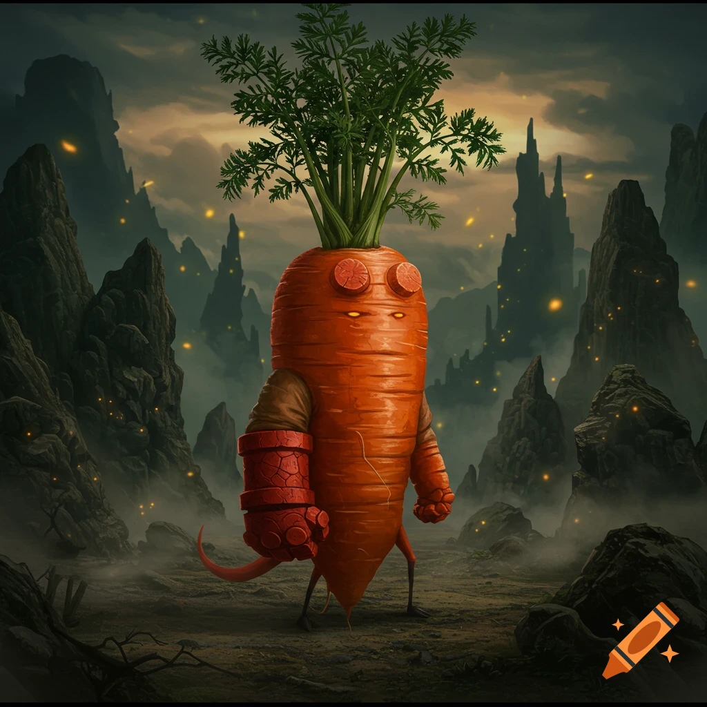 A carrot creature with Hellboy's right hand of doom, horns, glowing eyes, and green carrot foliage, standing in a dark, rocky, foggy fantasy landscape with a moody sky.