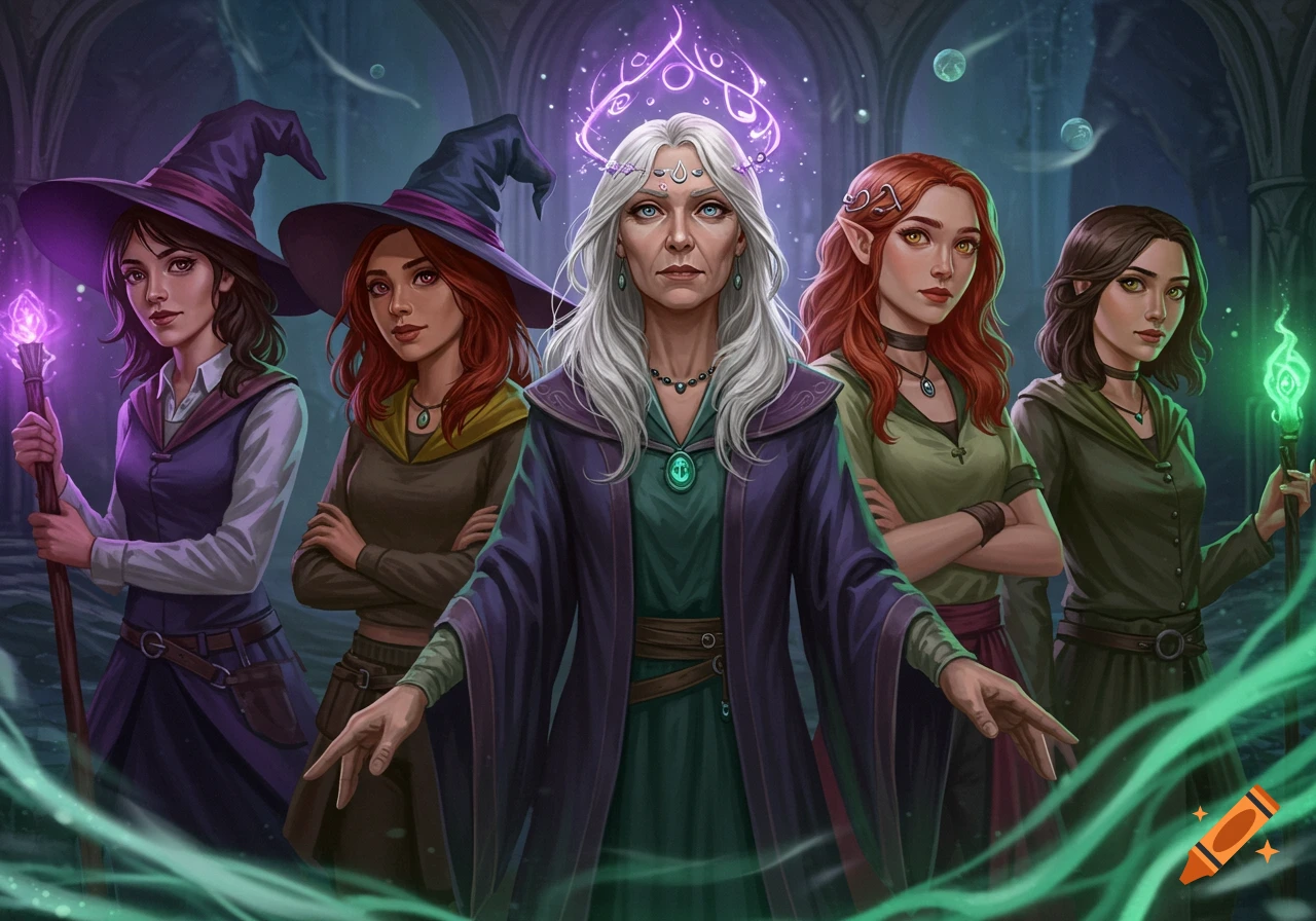 Five female witches in a dark hall, led by an older witch with white hair and glowing purple magic, gaze forward.