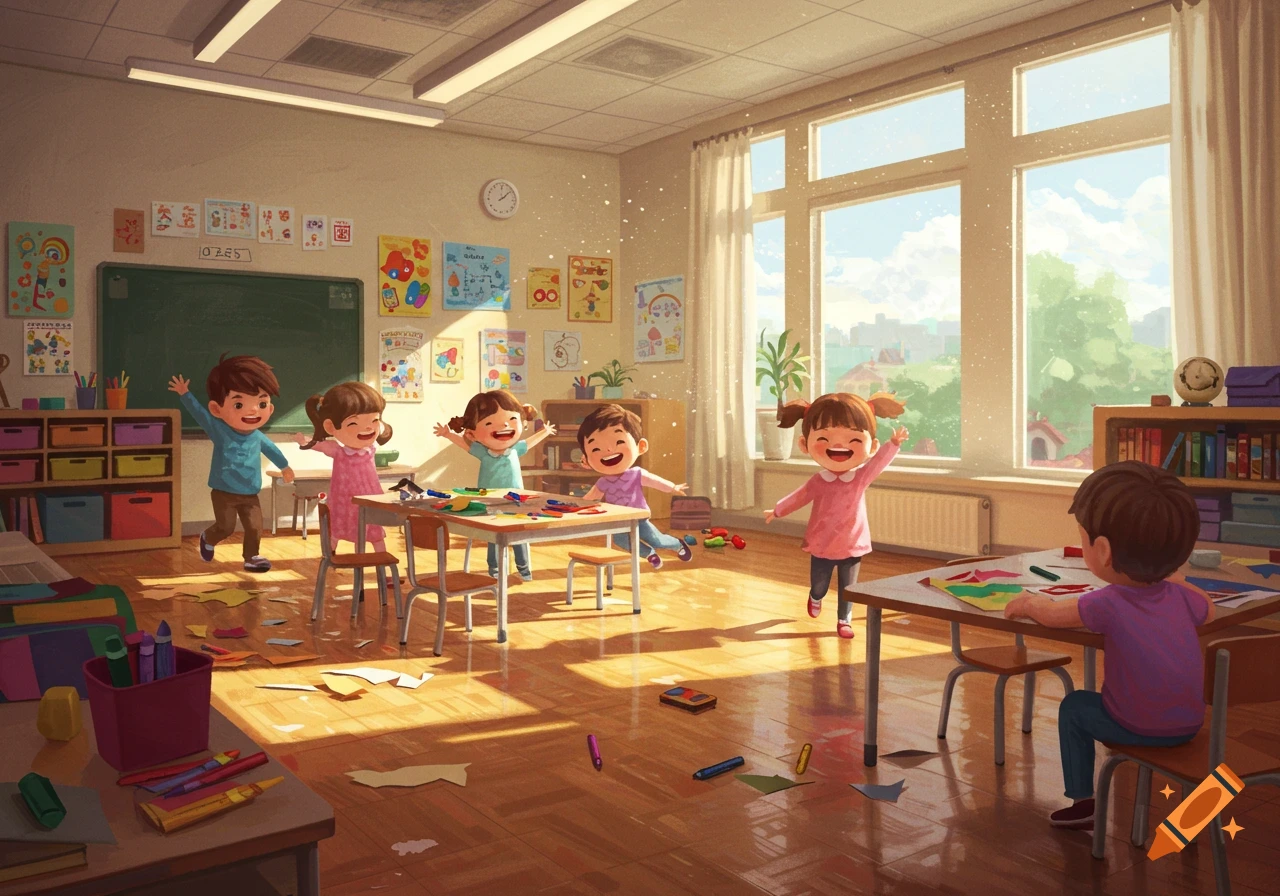 Animated kindergarten children playing happily in a sunny classroom filled with art supplies and drawings.