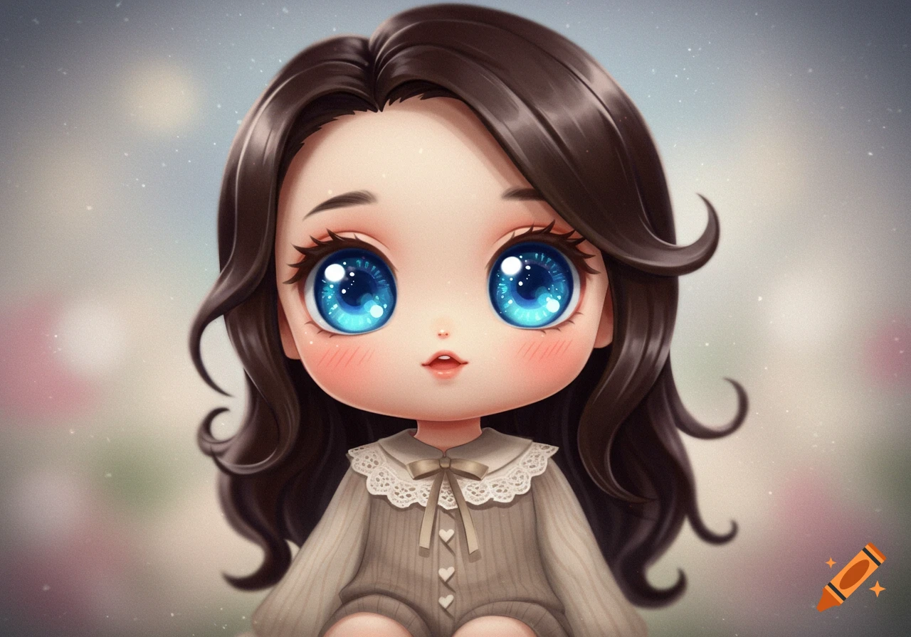 A cute chibi figure with dark brown hair and large blue eyes, wearing a ...
