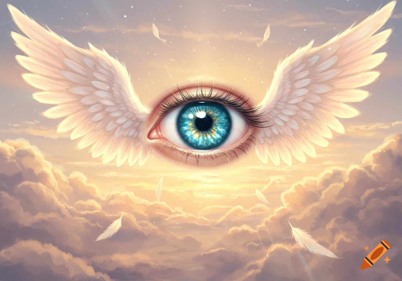 A vibrant blue eye with white feathered angel wings floats majestically in a golden, cloud-filled sky with falling feathers, in a fantasy art style.