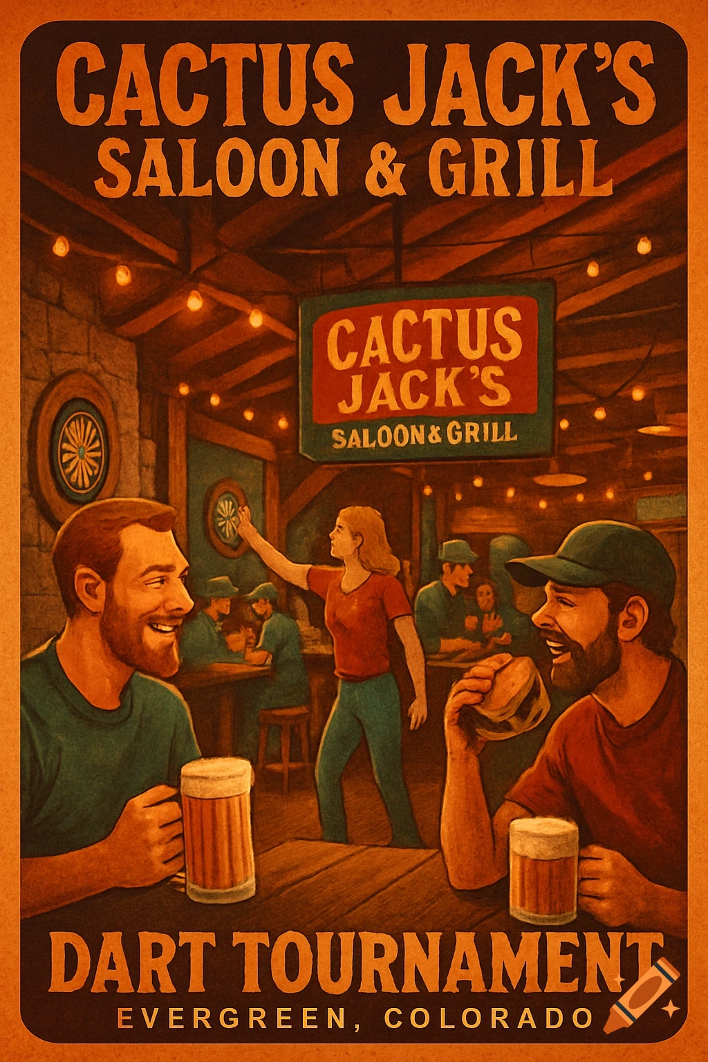 Vintage poster for Cactus Jack's Saloon & Grill dart tournament, showing smiling people drinking beer in a rustic bar.