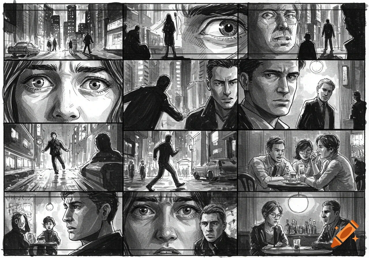 A black and white comic book storyboard featuring multiple panels of people in an urban setting, some looking distressed or in action, others conversing in a cafe.