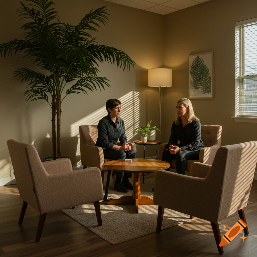 Two women sit in a sunlit consultation room with a palm tree, round table, and chairs, in a photorealistic style.