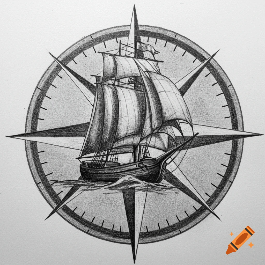 A monochrome charcoal drawing of a sailing ship with full sails centered within a detailed compass rose.