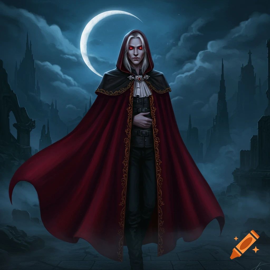 A male vampire with red eyes and fangs, wearing a black hooded cloak and red cape, stands under a crescent moon in a dark gothic landscape.