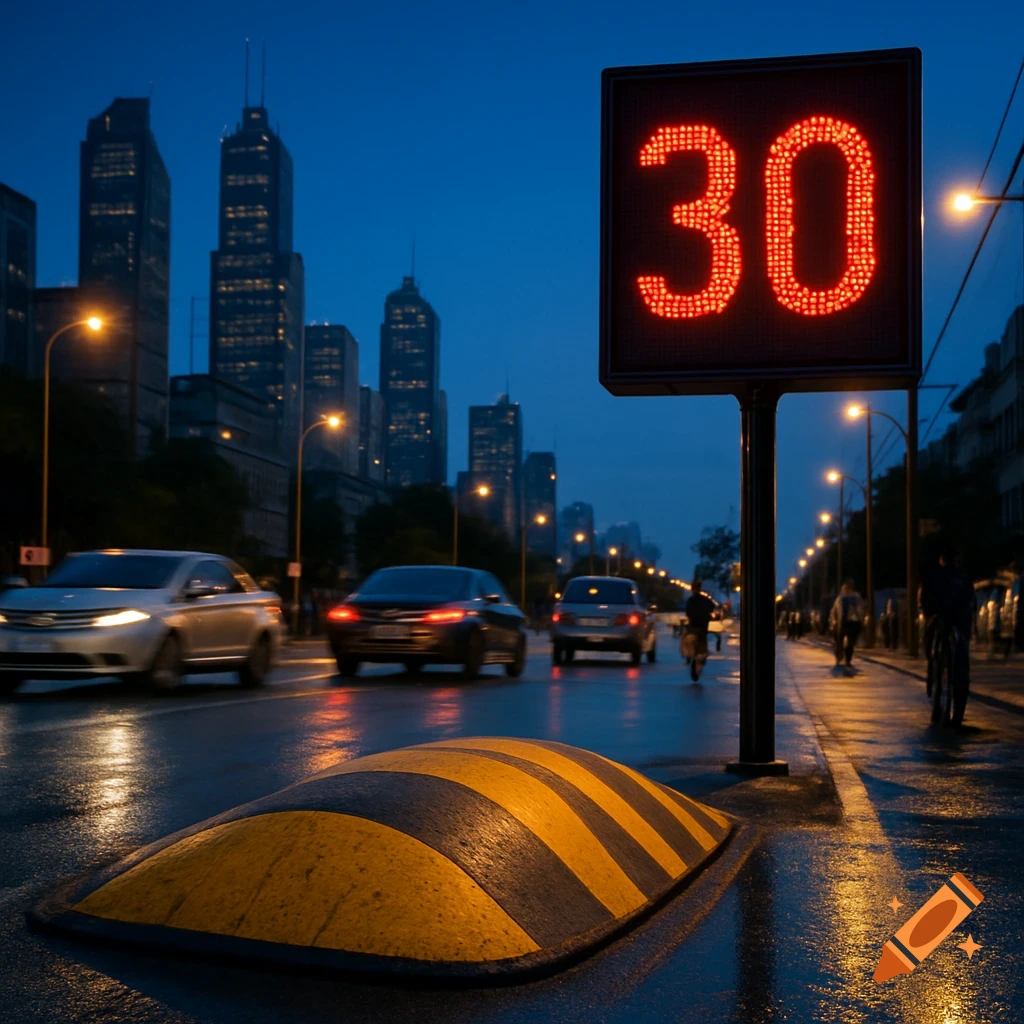 Wet city street at dusk with a speed bump, cars, and an electronic sign displaying '30' against a backdrop of tall buildings.