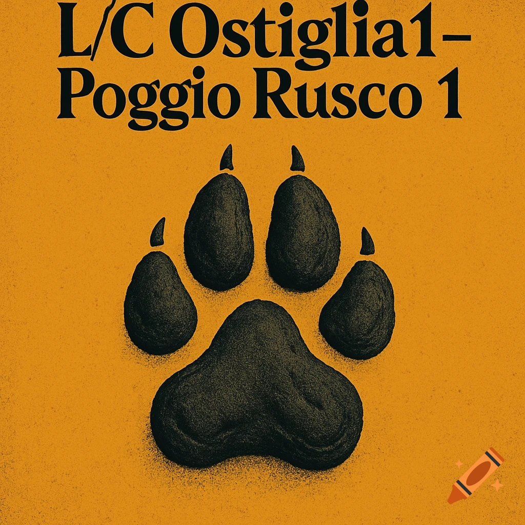 A black paw print on a textured orange background with black text L/C Ostiglia1- Poggio Rusco 1.