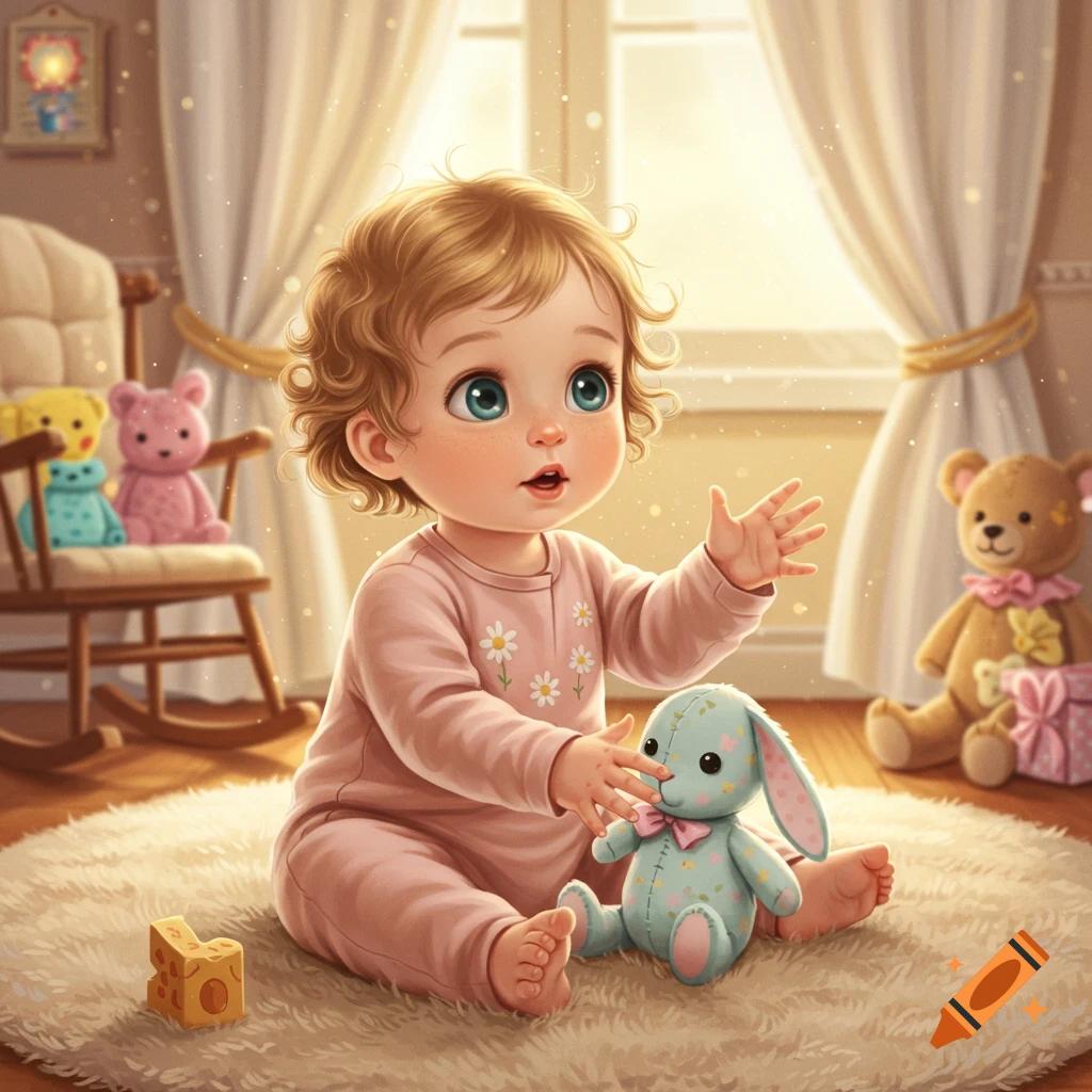 Stylized illustration of a baby girl with curly hair sitting on a rug, playing with a blue bunny toy in a sunny nursery.