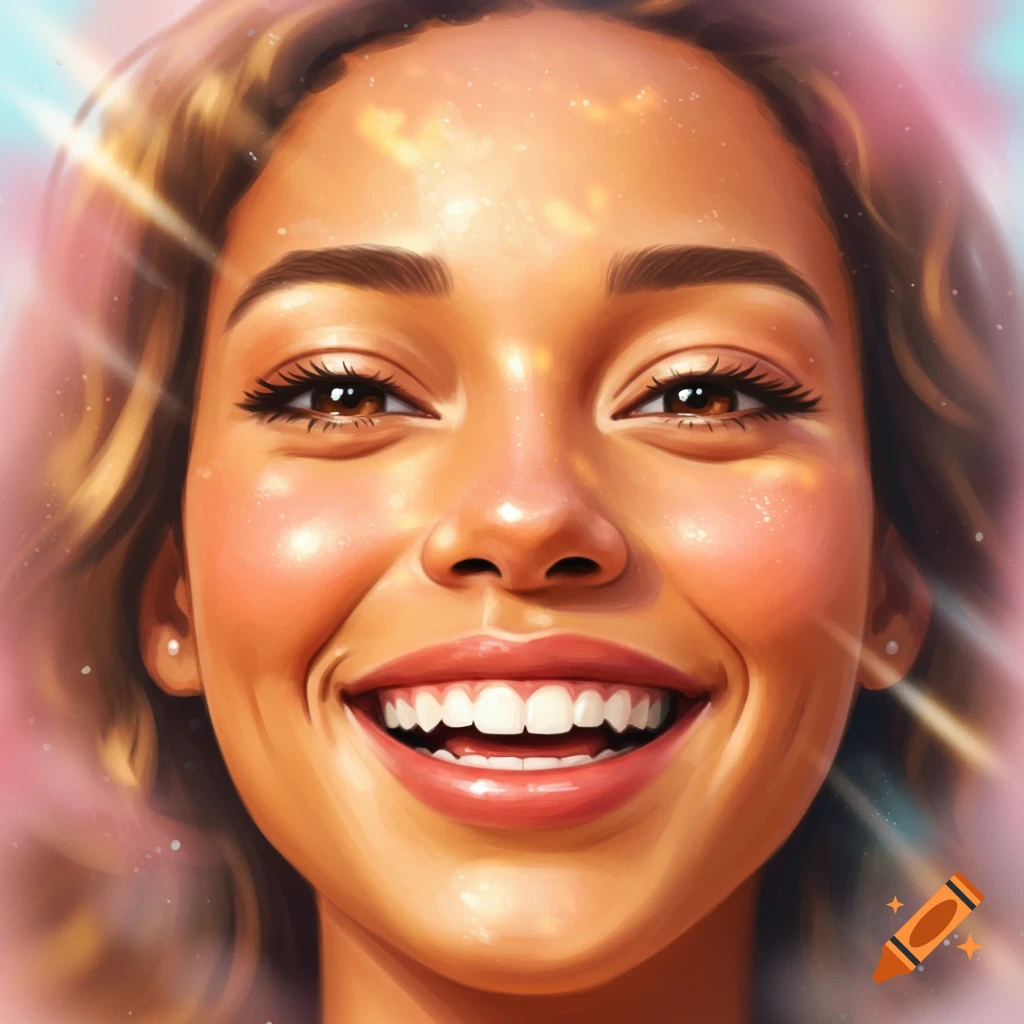 A close-up digital art portrait of a smiling woman with warm skin, dark eyes, and light brown hair, bathed in bright, sparkling light.