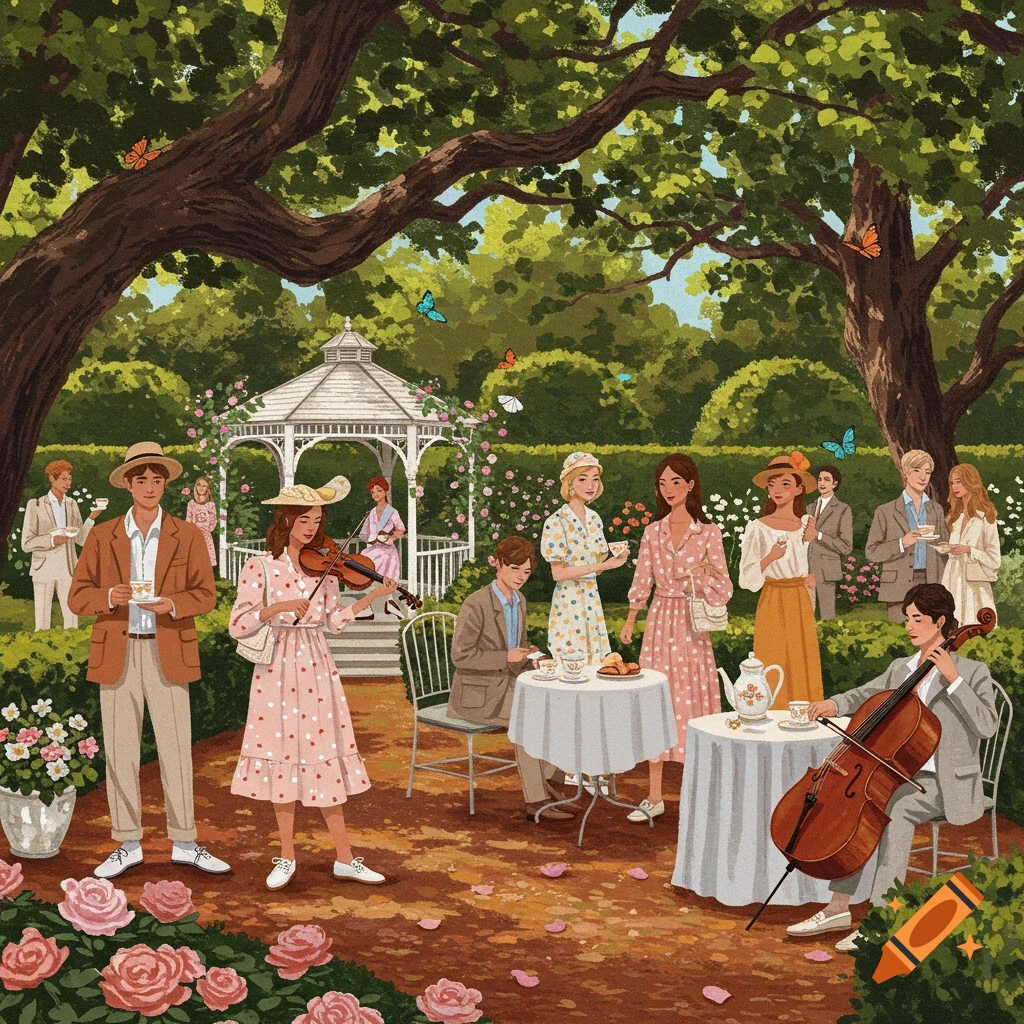 An illustration of a lively garden party with people dressed in smart casual attire, enjoying tea and music near a white gazebo.