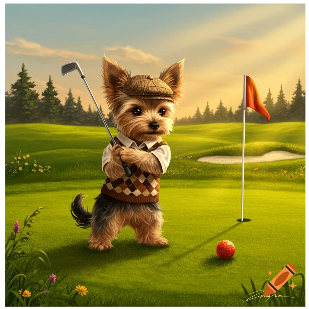 A cute Yorkshire terrier wearing a golf cap and sweater vest holds a golf club on a green course with a red flag and ball.