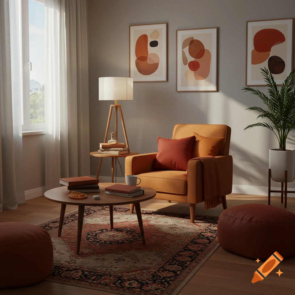 A cozy, sunlit living room with an orange armchair, wooden coffee table with books, abstract wall art, and a potted plant.