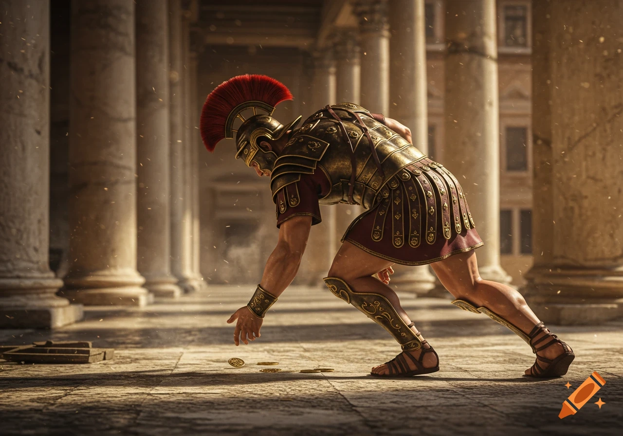 Photorealistic Roman soldier in ornate armor bends to pick up gold coins on a stone floor with large columns, cinematic lighting.