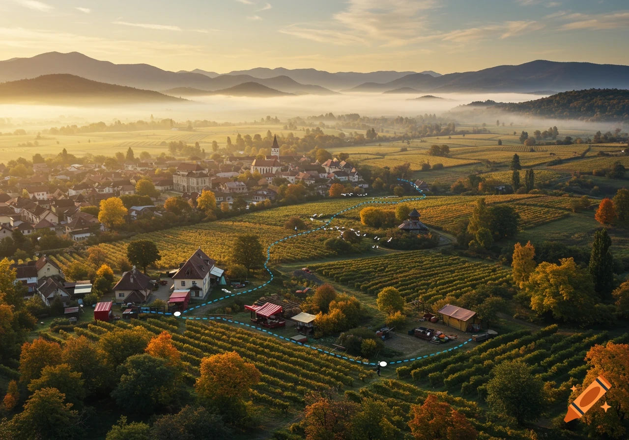 Aerial view of a picturesque village nestled among autumn vineyards and misty mountains, with a blue dotted route line.