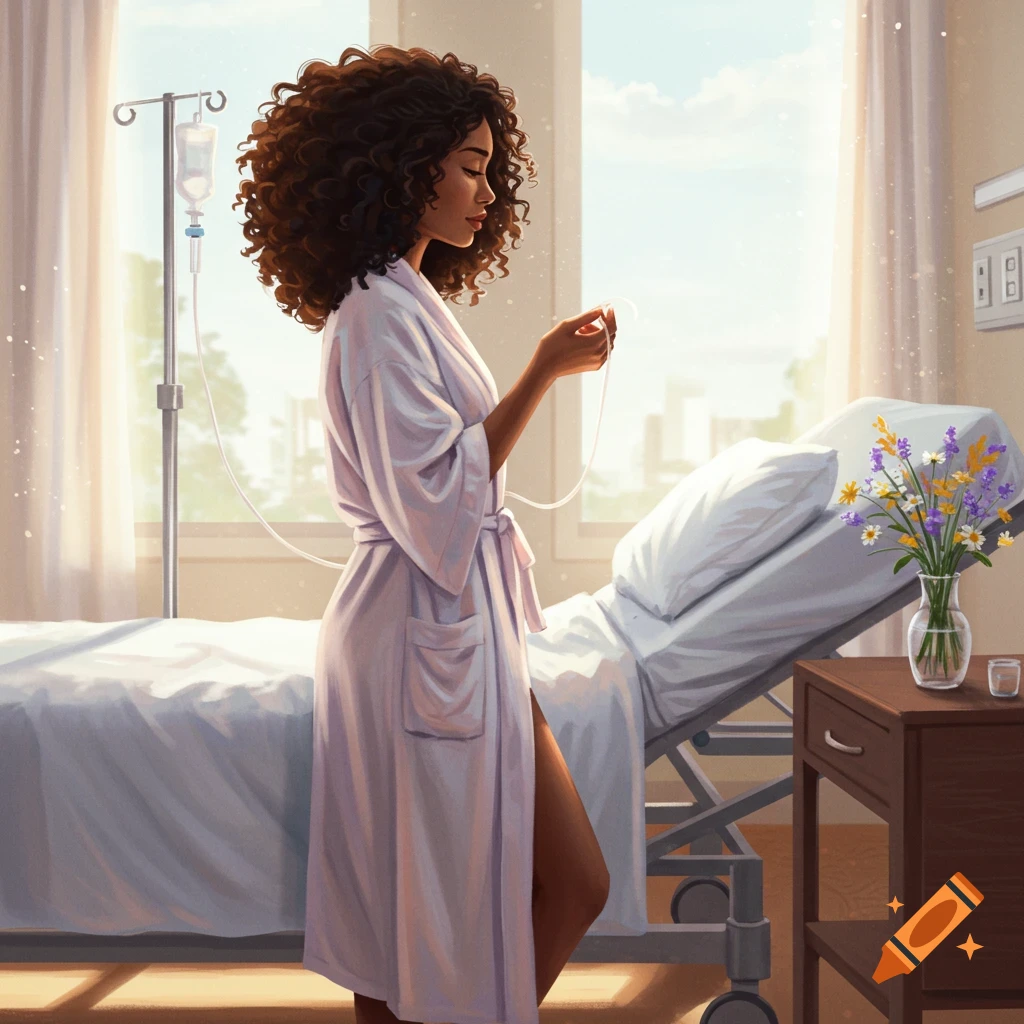 A woman with curly hair in a white hospital robe stands next to a hospital bed, holding an IV tube in her hands.