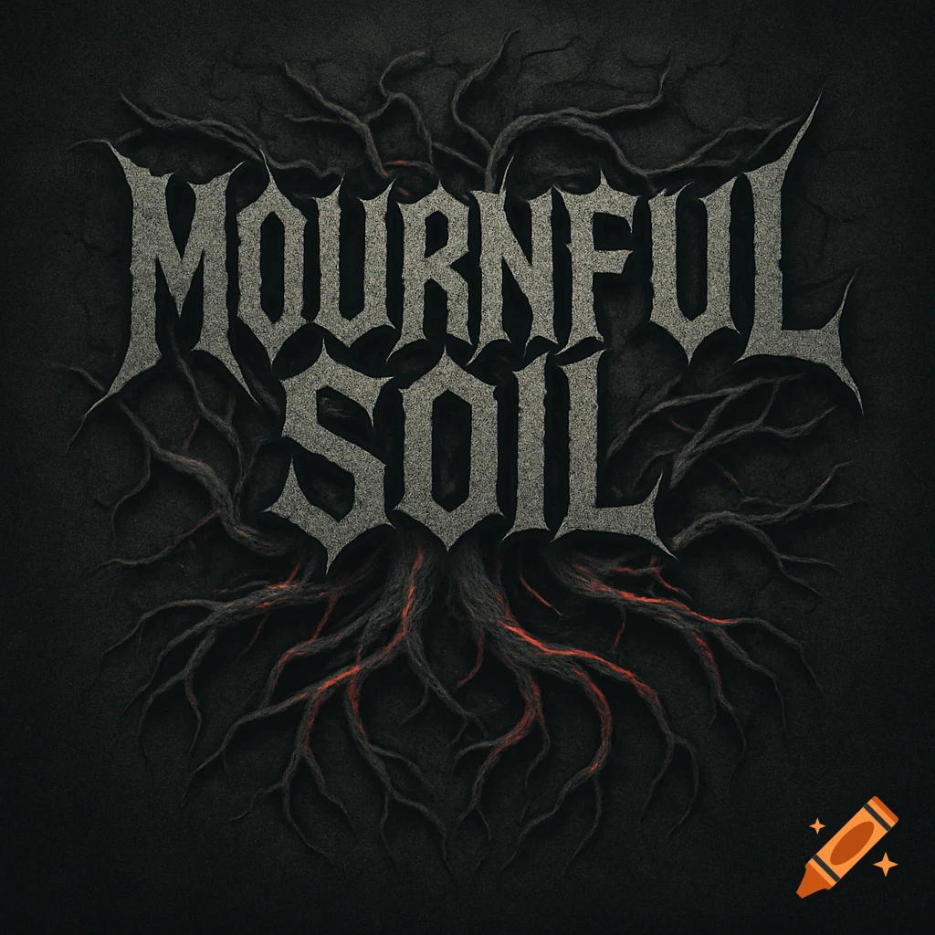A dark, stylized metal band logo for "Mournful Soil" with roots and a textured background.