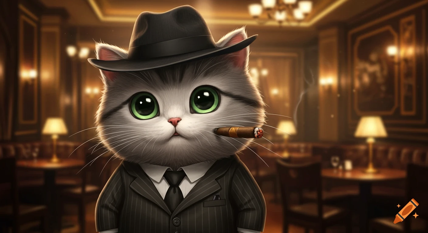 A cute, cartoonish cat in a pinstripe suit and fedora holds a lit cigar in its mouth, in a dimly lit, upscale lounge.