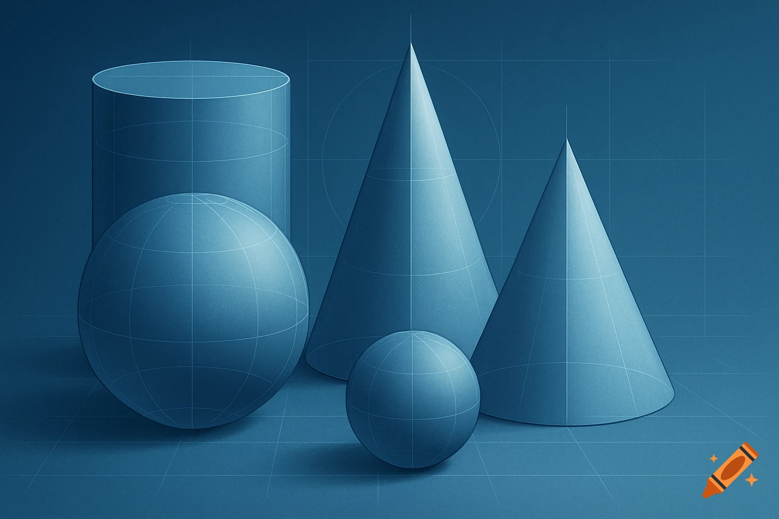 Blue monochromatic illustration of a cylinder, two spheres, and two cones on a grid, resembling a technical drawing.
