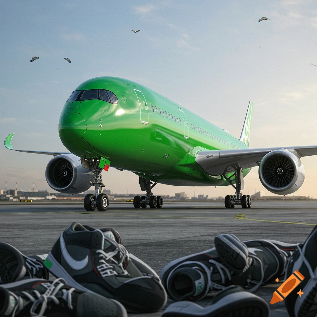 A vibrant green Airbus A350 airplane sits on an airport tarmac under a light sky, with several high-top sneakers in the foreground.