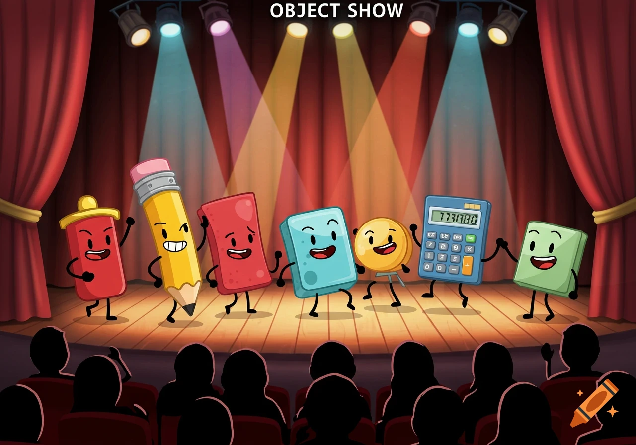Cartoon anthropomorphic school supplies like a pencil, eraser, and calculator dance on a stage under spotlights for an audience, with 'OBJECT SHOW' text.