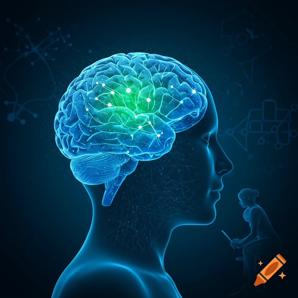 Digital art of a translucent blue human head profile with a glowing blue and green brain, showing neural network connections.