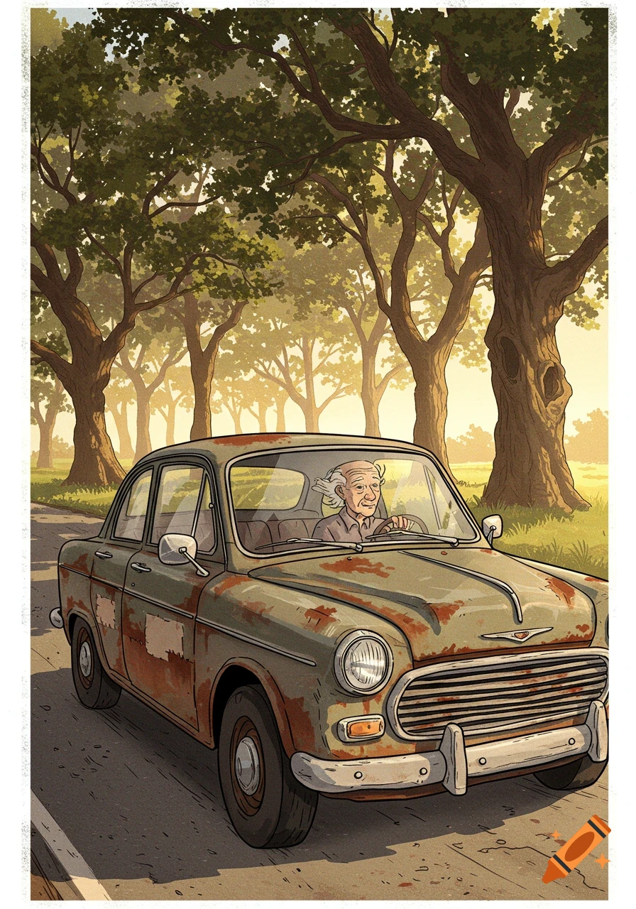 An old man drives a rusty, dented vintage car down a tree-lined road in an illustrated style.