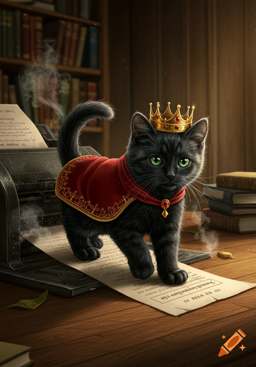 A cute black kitten wearing a gold crown and a red cape stands on a document coming out of a printer in a library.