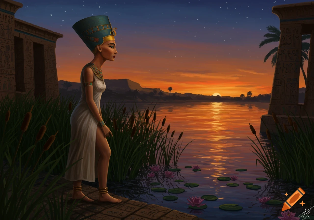 Nefertiti in a white dress stands by a river with lotus flowers, ancient Egyptian structures, and palm trees at sunset, digital art.