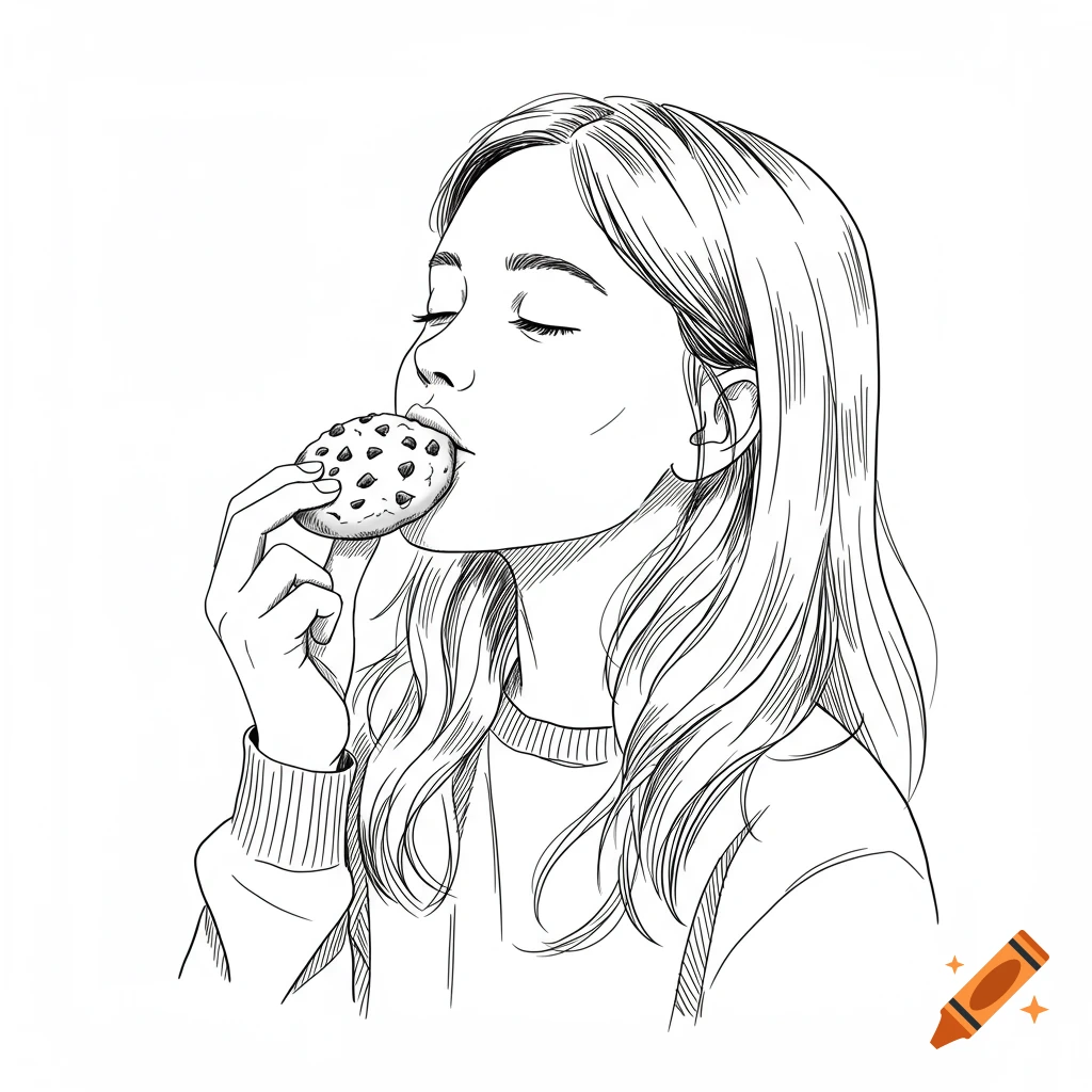 Line art drawing of a girl with closed eyes happily eating a chocolate chip cookie.