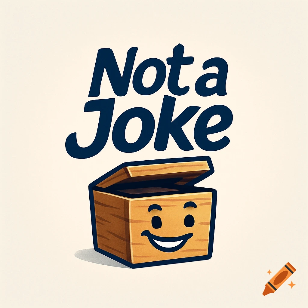 A cartoon logo of a smiling wooden box with an open lid, text above reads 'Not a Joke'.