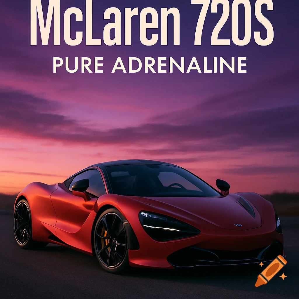 A matte red McLaren 720S with black wheels and yellow calipers, parked on a road at a purplish sunset, with text 'McLaren 720S Pure Adrenaline'.