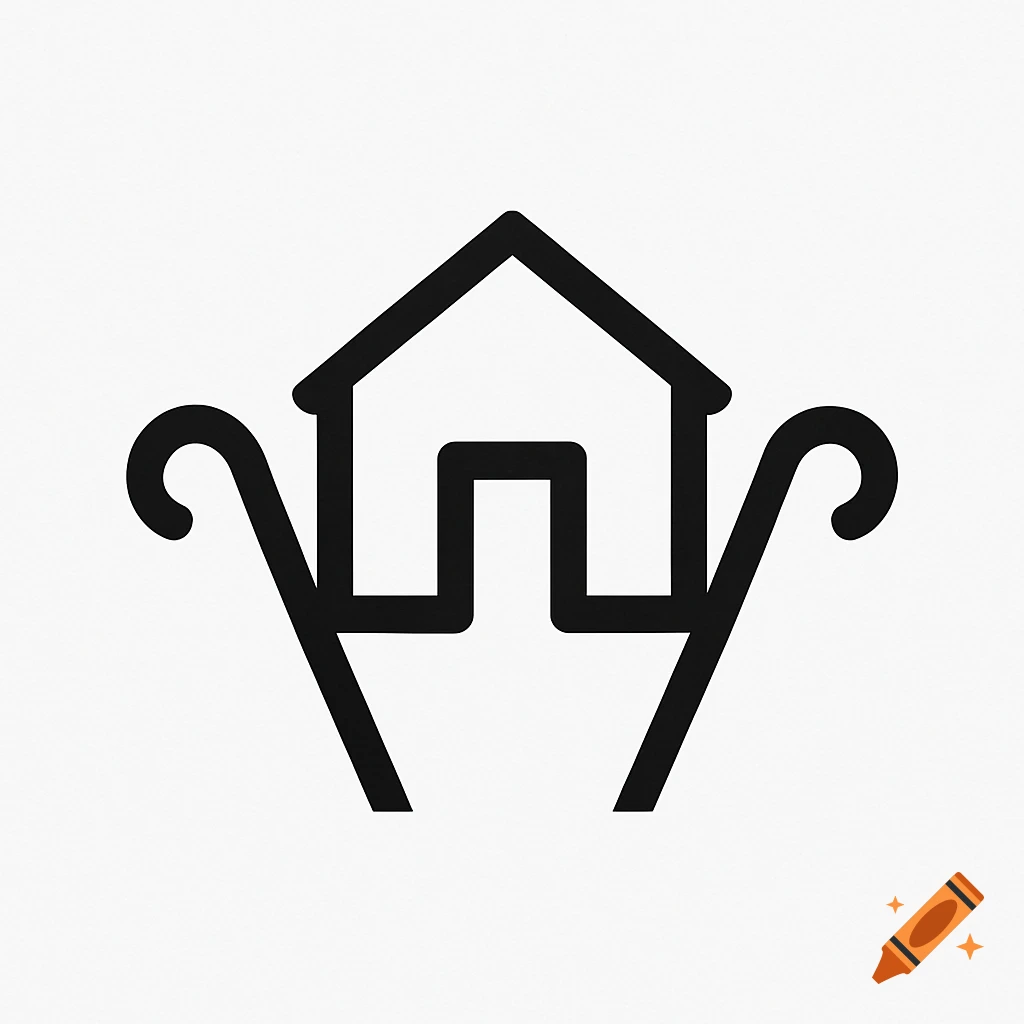 Black line art logo of a house outline with two curved, V-shaped elements extending from its base on a white background.