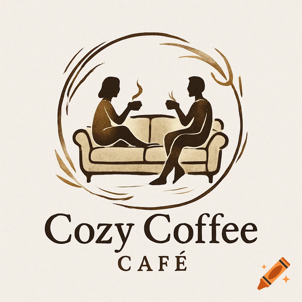 A brown and beige logo for Cozy Coffee Café, showing silhouettes of two people sitting on a couch drinking coffee.