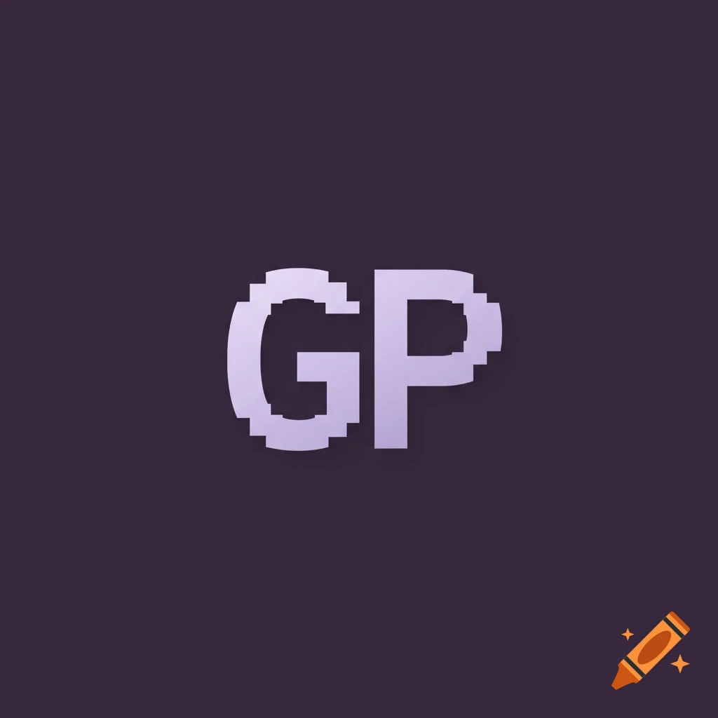 A lavender pixelated monogram "GP" with a soft inner glow and minimal drop shadow, centered on a muted deep purple background.
