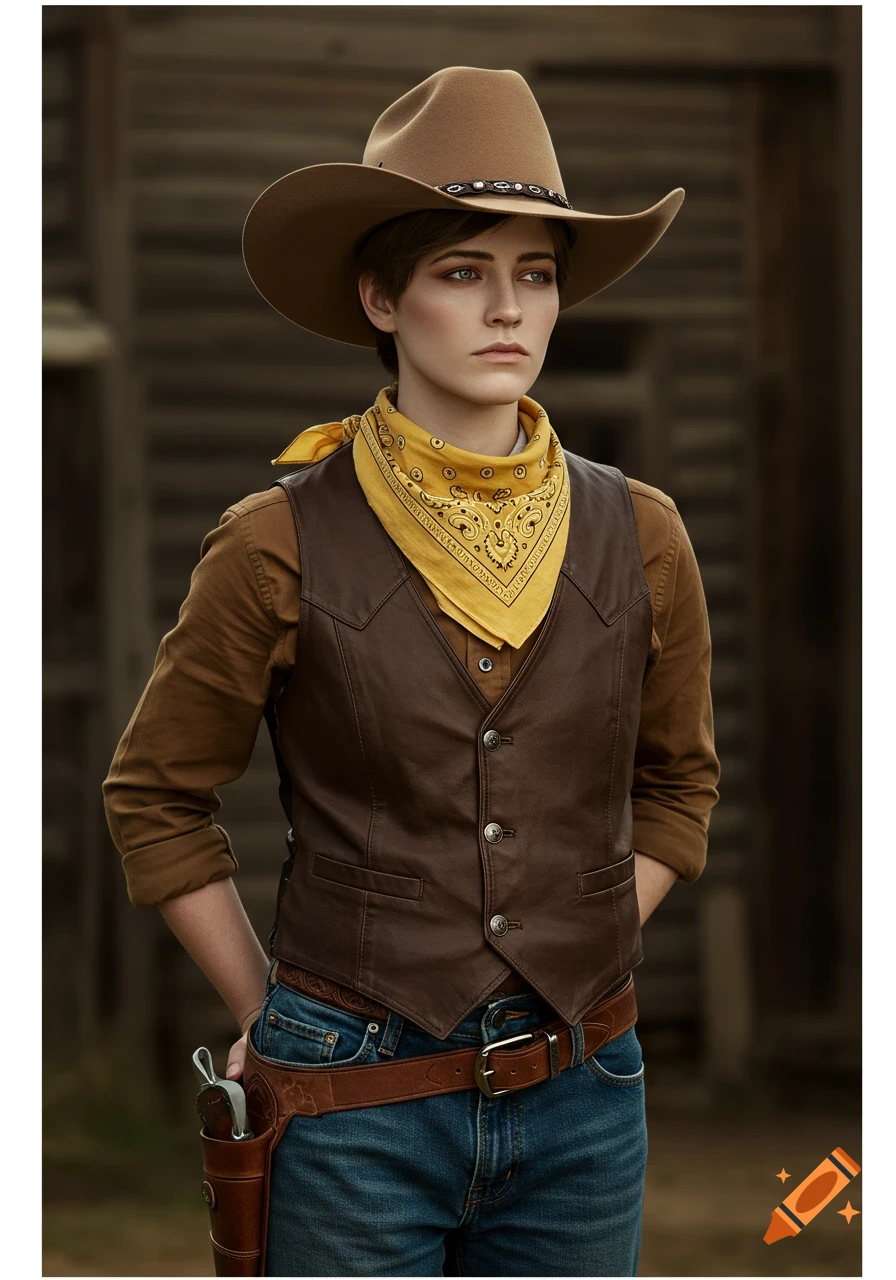 A stoic person in a cowboy hat, brown vest, brown shirt, yellow bandana, and blue jeans, with a holstered gun, stands against a wooden background.