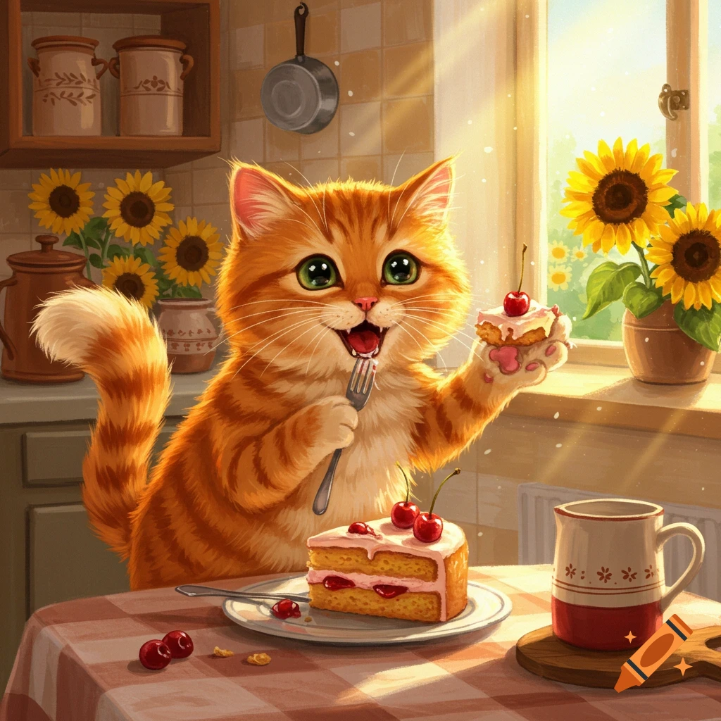 A happy orange tabby cat with big green eyes eats cherry cake in a sunlit kitchen, cartoon illustration.
